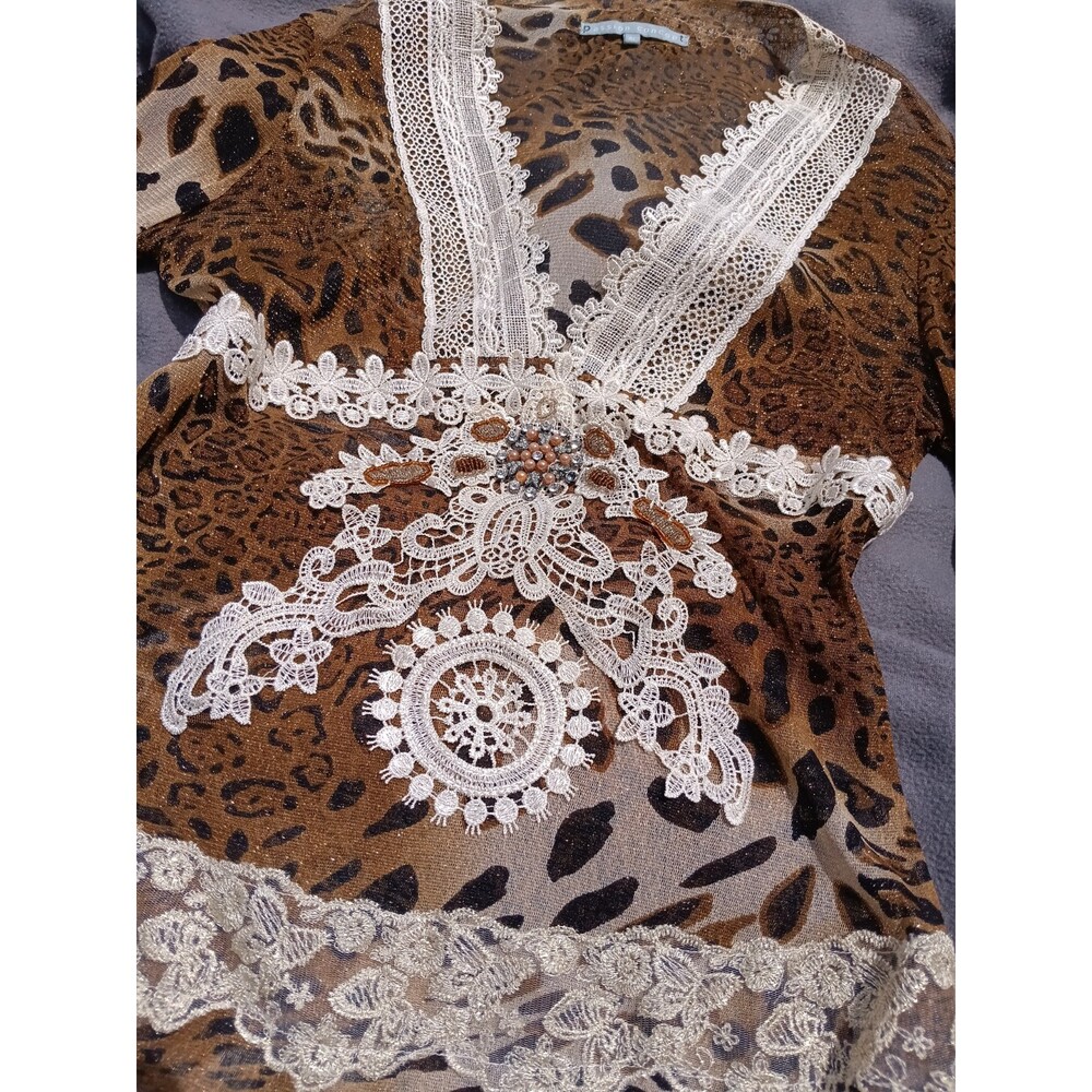 Passion Concept XL Leopard Print Lace Jeweled Long Sleeve Y2K Boho Festival Top - Picture 2 of 5
